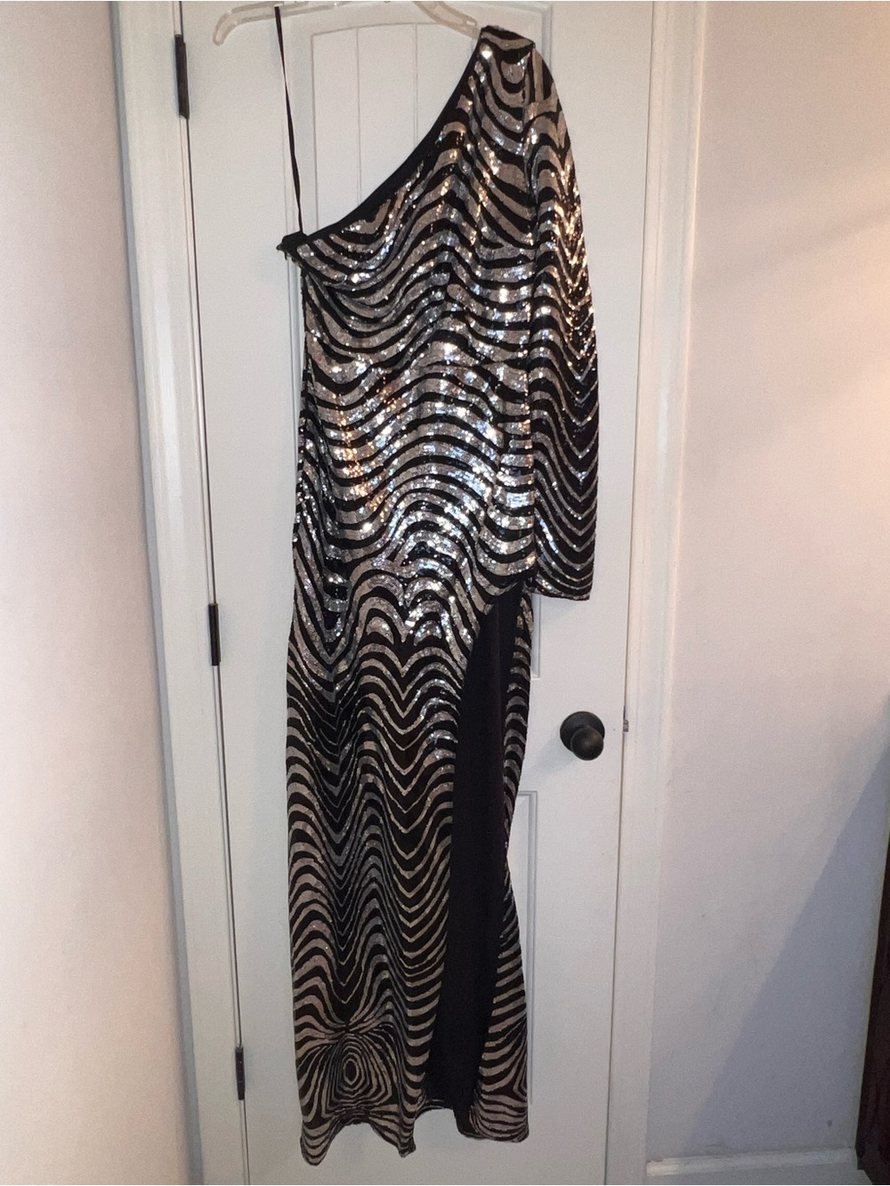 Fashion Nova One-Shoulder Zebra Black and Silver Sequin Evening Dress High Split